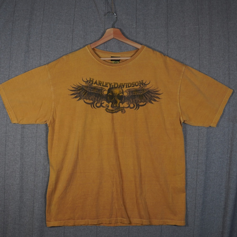 Harley Davidson Winged Skull Durango Mens XL Mustard Yellow Graphic T-Shirt 2010